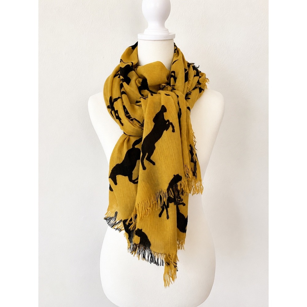 Western Horse Print‎ Scarf 36 x 74 Frayed Edge Equestrian Mustard Yellow Black
